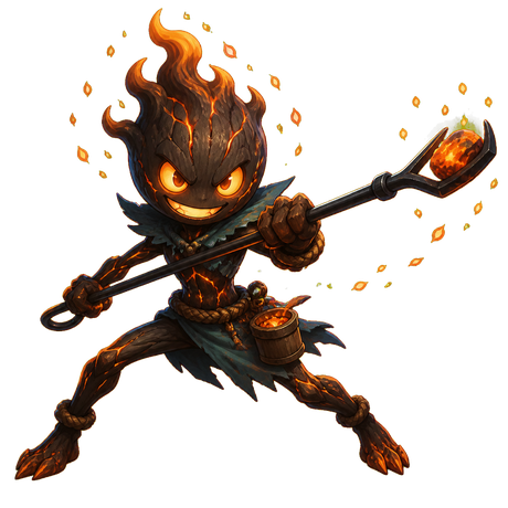 Cinder, a small ember imp keeper wreathed in low burning ember-light