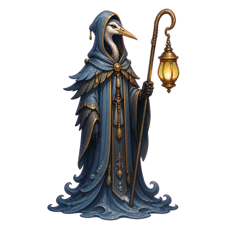 Sable, a drowned keeper lit by cold cyan lamplight