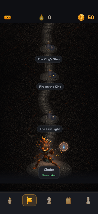 Wickmate's campaign map: a stone road descending through darkness, lanterns marking each level, the keeper Cinder burning at its end