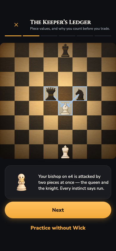 A Wickmate lesson in progress: Wick explains a threatened bishop beside a lit board, with arrows showing both pieces attacking it