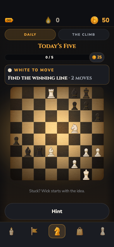 Wickmate's daily puzzles screen: a chess board lit by a warm lamp, with Today's Five in progress