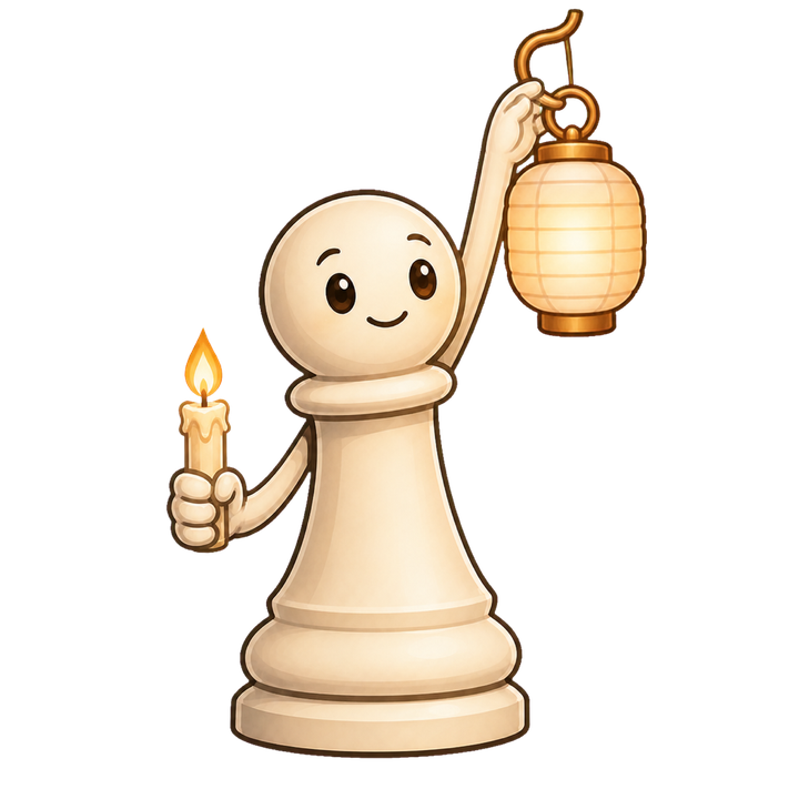 Wick, a small smiling candle-pawn, holding up a lit lantern